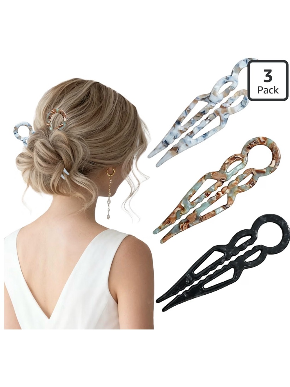 Stylish 3-Pack Women’s Hair Fork Clips - Black, Tortoise, Marble